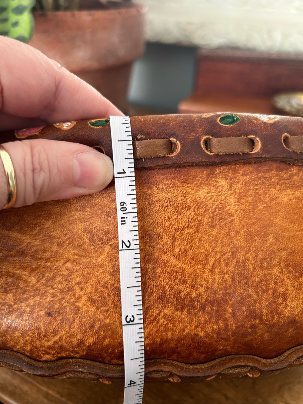 Vintage Hand-Tooled Floral Leather Shoulder Bag - Brown with PaintedPink Accents - Picture 12 of 12